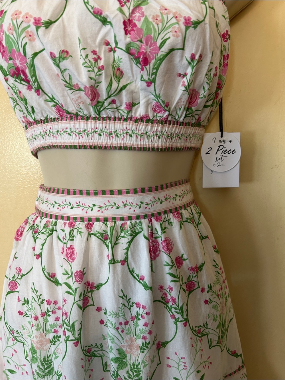 Japna White Floral Crop Top and Maxi Skirt Set with Pink and Green Print - Picture 3 of 12